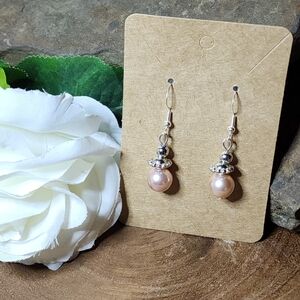 Hand Crafted Dangle Hook Earrings With Faux Pink Pearls and Silver Accents